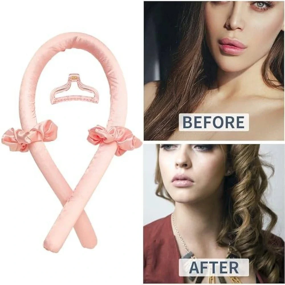 Heatless Hair Curler Headband Pink‎ Satin with Hair Clip & Scrunchies New